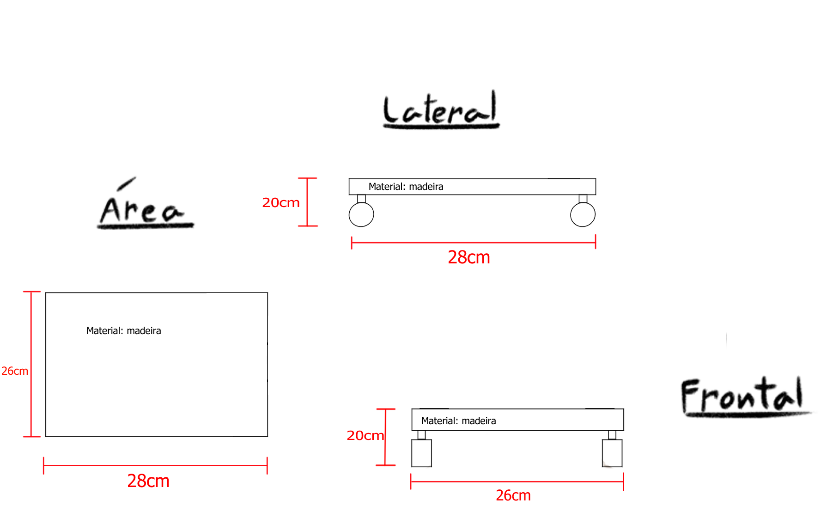 Imagem do Hardware, visão lateral, forntal e da area, medidas e base sem a arma